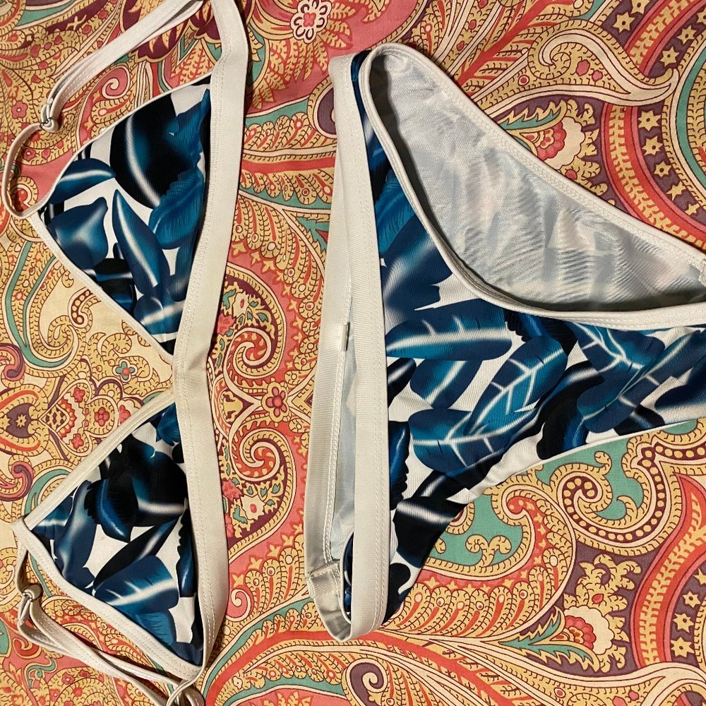 A white and blue bathing suit